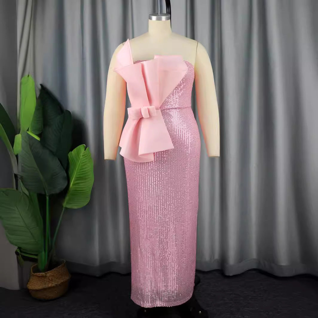 Damen glitzerndes Abendkleid mit asymmetrischem Design und extravaganten Rüschen Drune