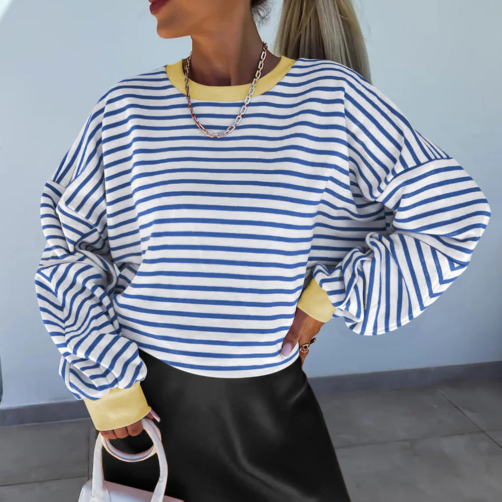 Damen lässiges gestreiftes Sweatshirt mit Boxy-Schnitt und kontrastierenden Abschlüssen Drune