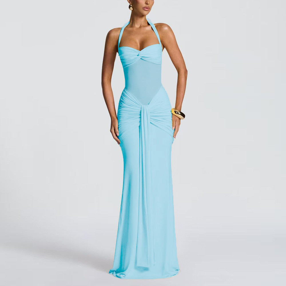 Damen elegantes Maxikleid mit schmeichelnder Raffung und Halterneck Drune