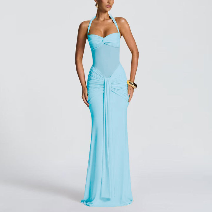 Damen elegantes Maxikleid mit schmeichelnder Raffung und Halterneck Drune