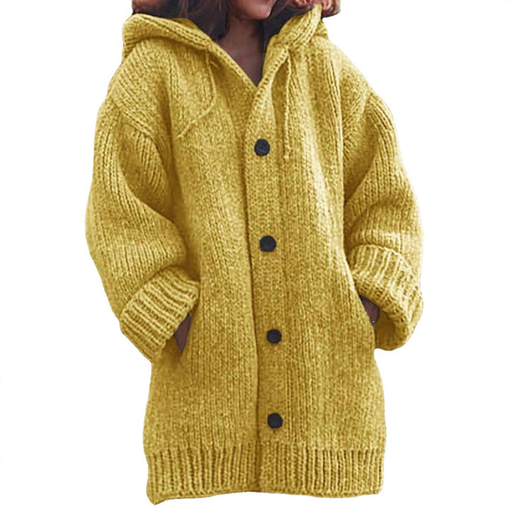 Damen Langgezogener Grobstrick-Mantelcardigan mit Kapuze, überschnittener Schulter und großen Knöpfen Drune