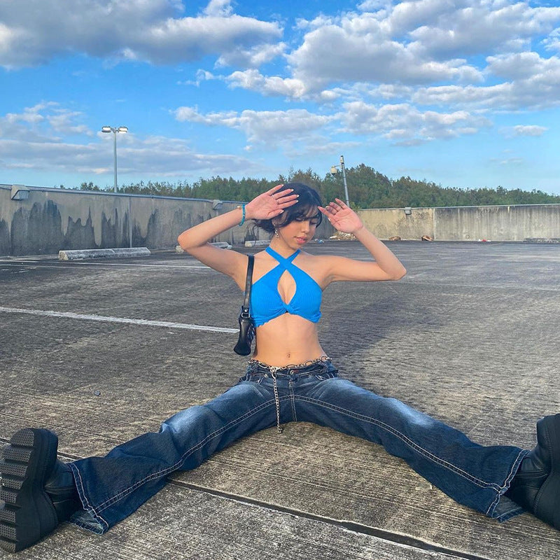Damen nan tiefsitzende Schlagjeans mit ausgestelltem Bein, dekorativer Metallkette und klassischem Fünf-Taschen-Design Drune