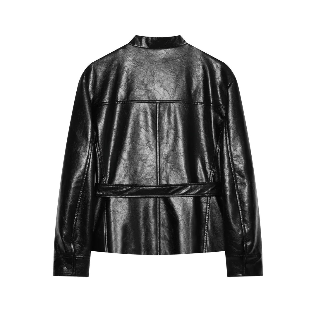 Damen Taillierter Kunstleder-Blouson mit Bindegürtel und Pattentaschen Drune