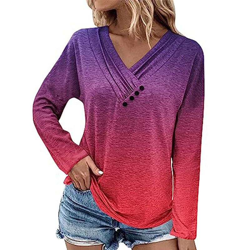 Damen Gerippter V-Ausschnitt Pullover mit Farbverlauf, Zierknöpfen und legerer Passform Drune