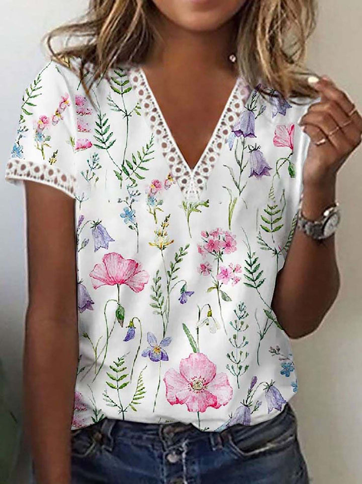 Drune | Elegantes T-Shirt mit Kurzen Ärmeln und V-Ausschnitt Print für Damen