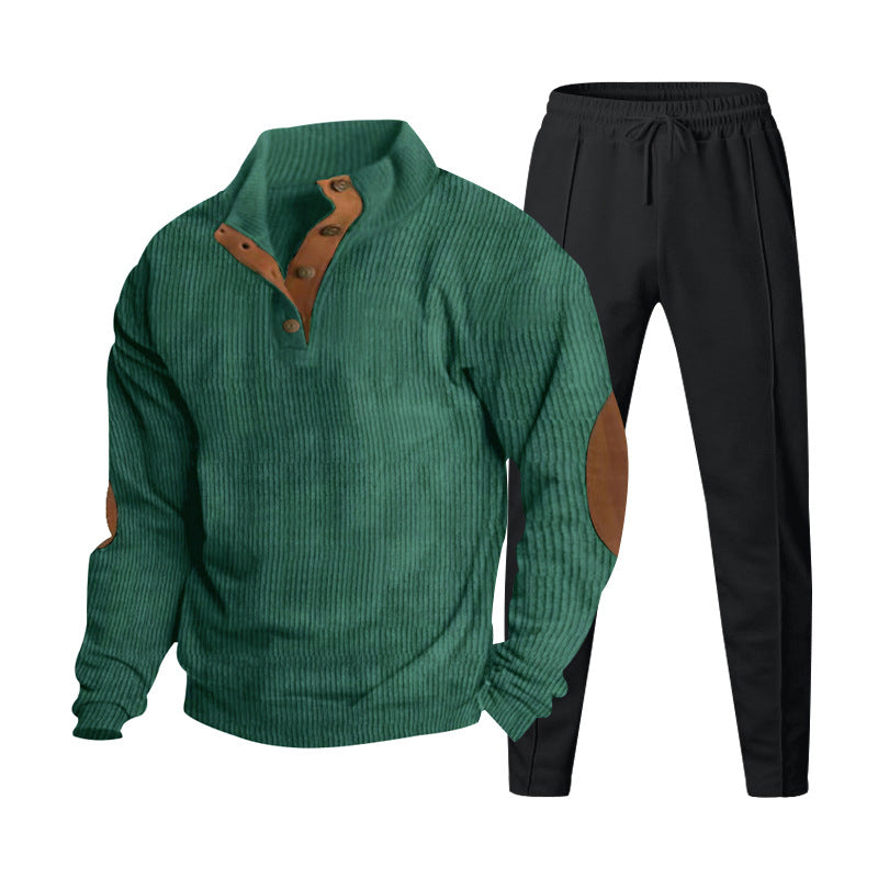 Herren Strukturiertes Henley-Loungewear-Set mit Ellenbogen-Patches & tapered Jogginghose Drune