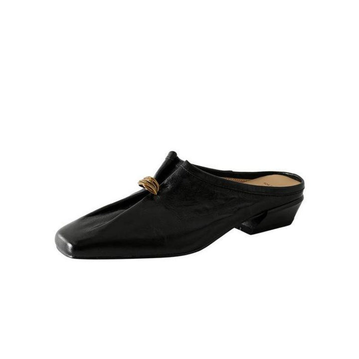 Damen Elegante Leder‑Mules mit quadratischer Kappe, soften Falteneffekt und dekorativer Metallkordel Drune