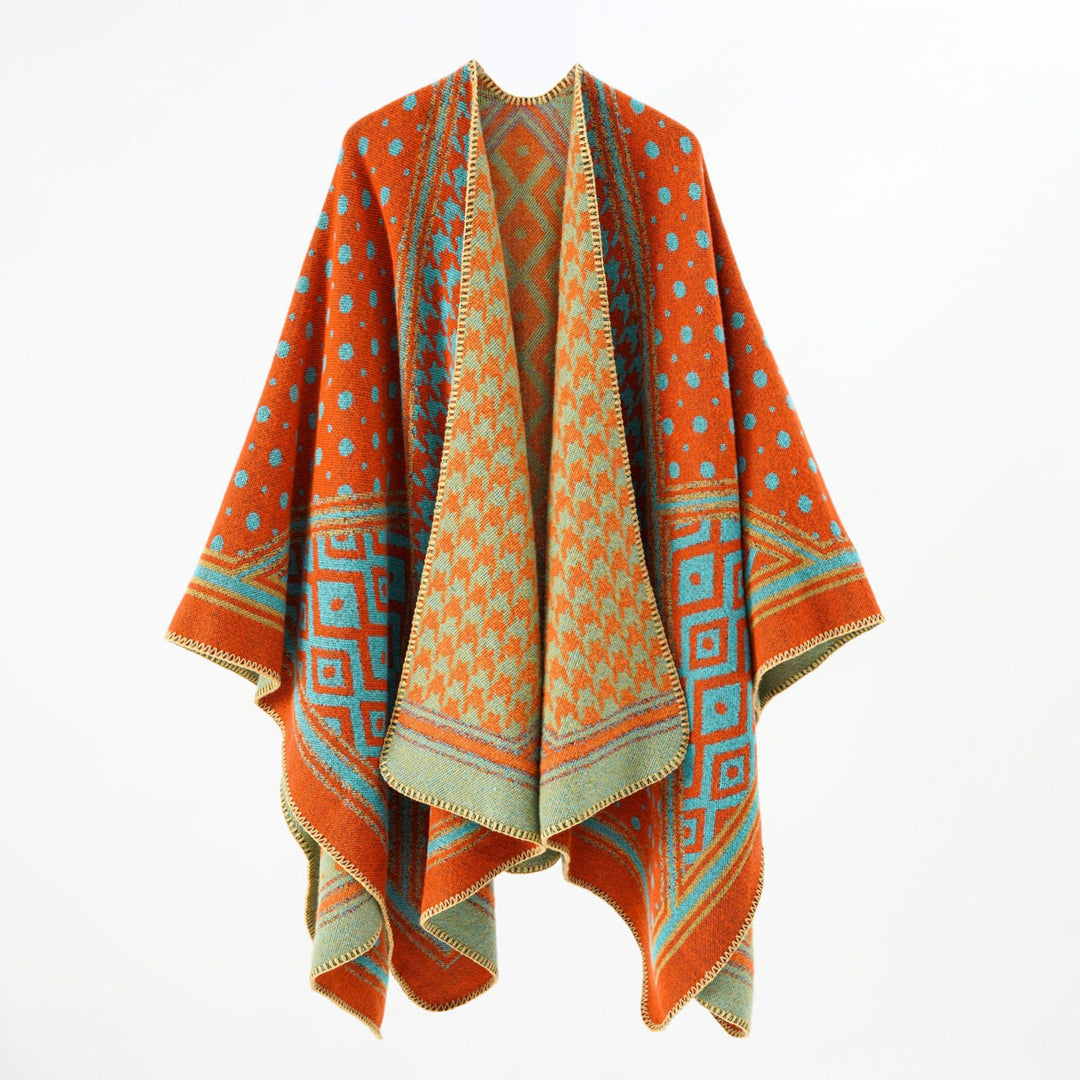 Damen Gewebter Jacquard‑Capeponcho mit Hahnentritt‑ und Ornamentmix Drune