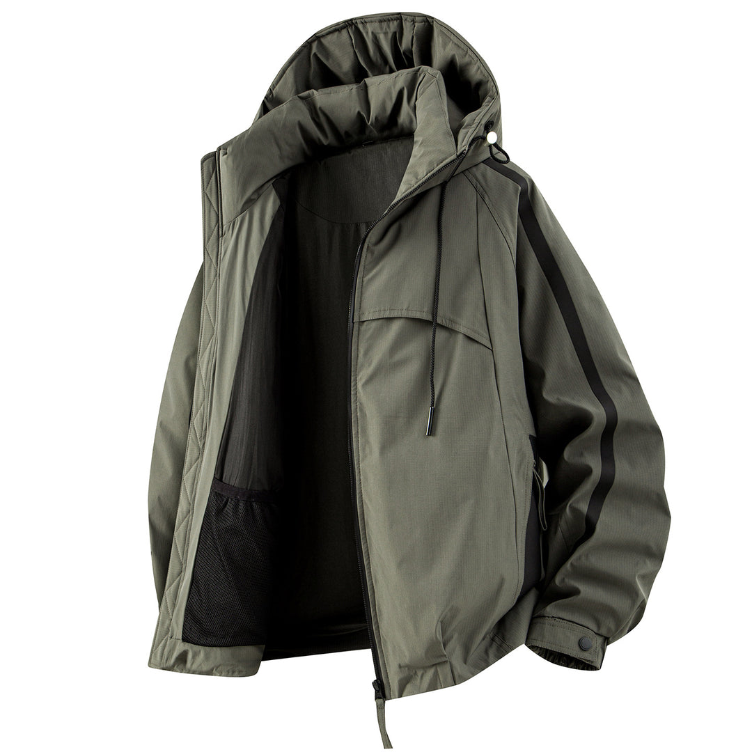 Unisex gefütterte Outdoor-Utility-Jacke mit Kapuze und reflektierenden Streifen Drune