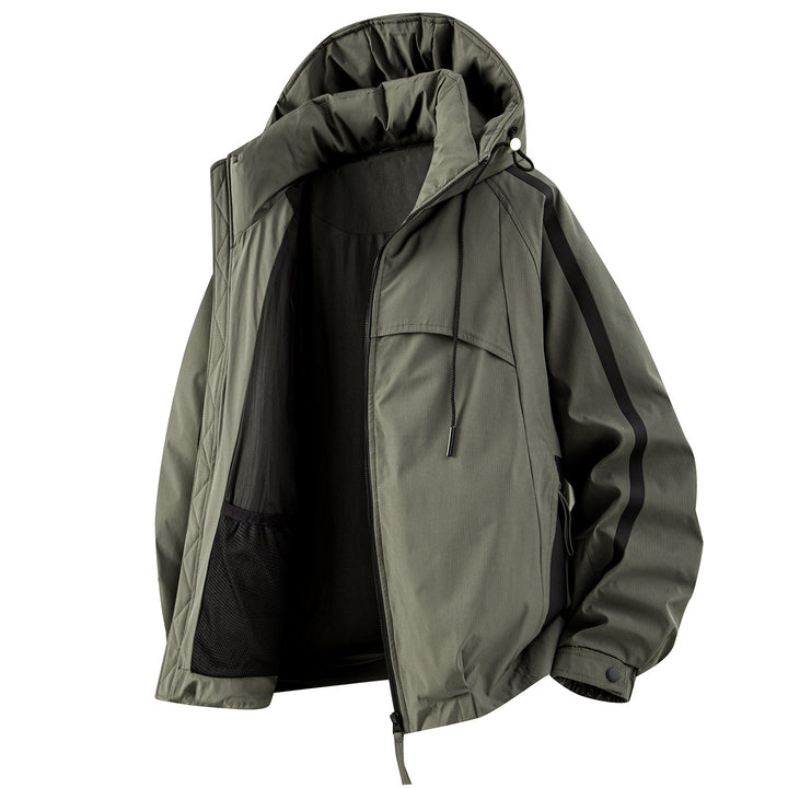 Unisex gefütterte Outdoor-Utility-Jacke mit Kapuze und reflektierenden Streifen Drune