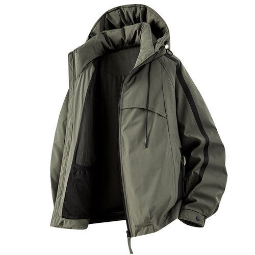 Unisex gefütterte Outdoor-Utility-Jacke mit Kapuze und reflektierenden Streifen Drune