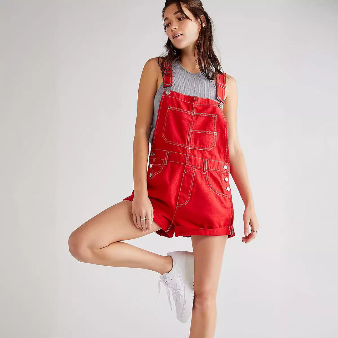Damen Lässige Denim-Latzshorts mit funktionalen Taschen und verstellbaren Trägern Drune