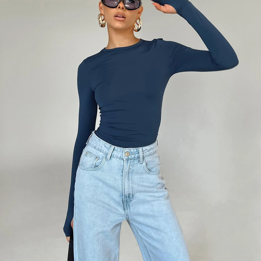 Damen Figurbetontes Crop-Longsleeve mit Daumenlöchern Drune