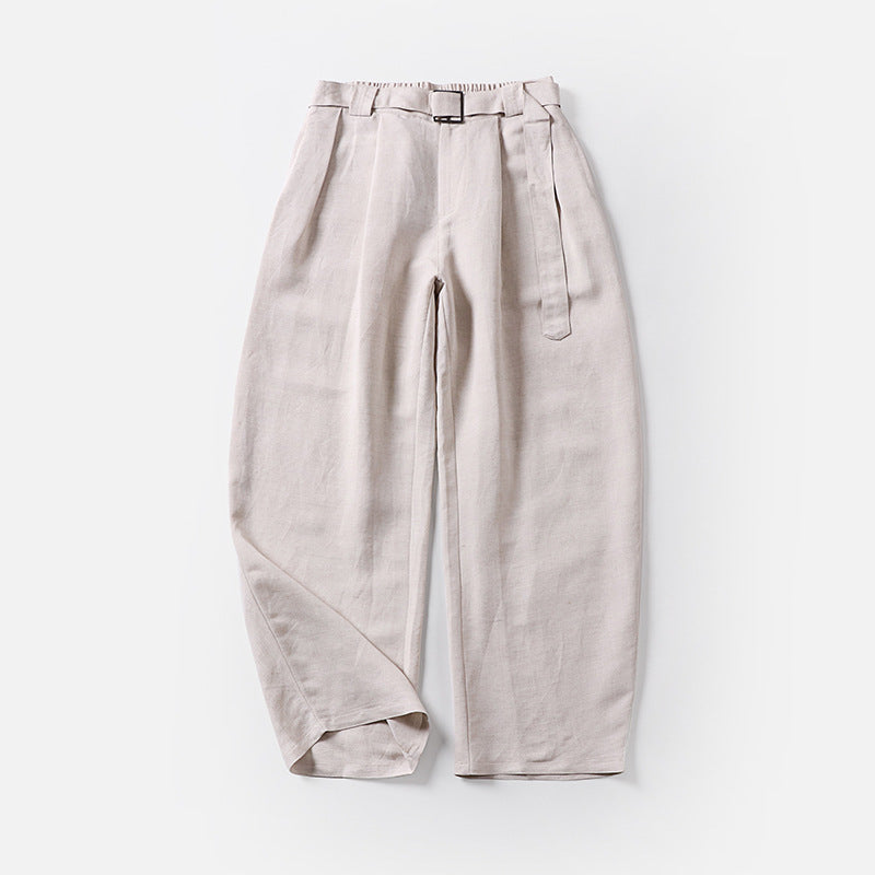 Damen Hochtaillierte Leinen-Baumwoll Bundfaltenhose mit Bindegürtel und tapered Bein Drune