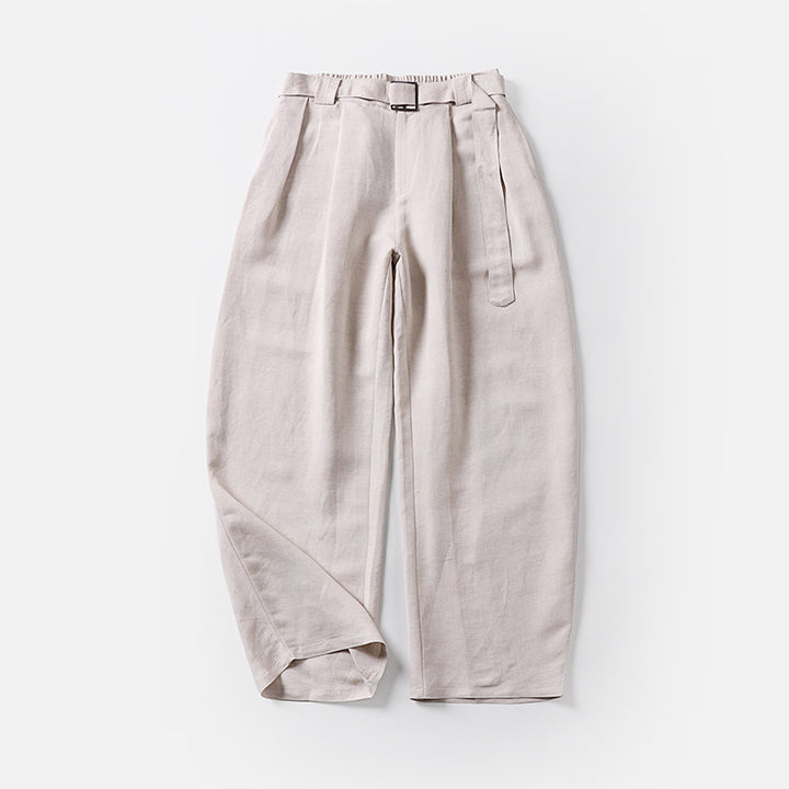 Damen Hochtaillierte Leinen-Baumwoll Bundfaltenhose mit Bindegürtel und tapered Bein Drune