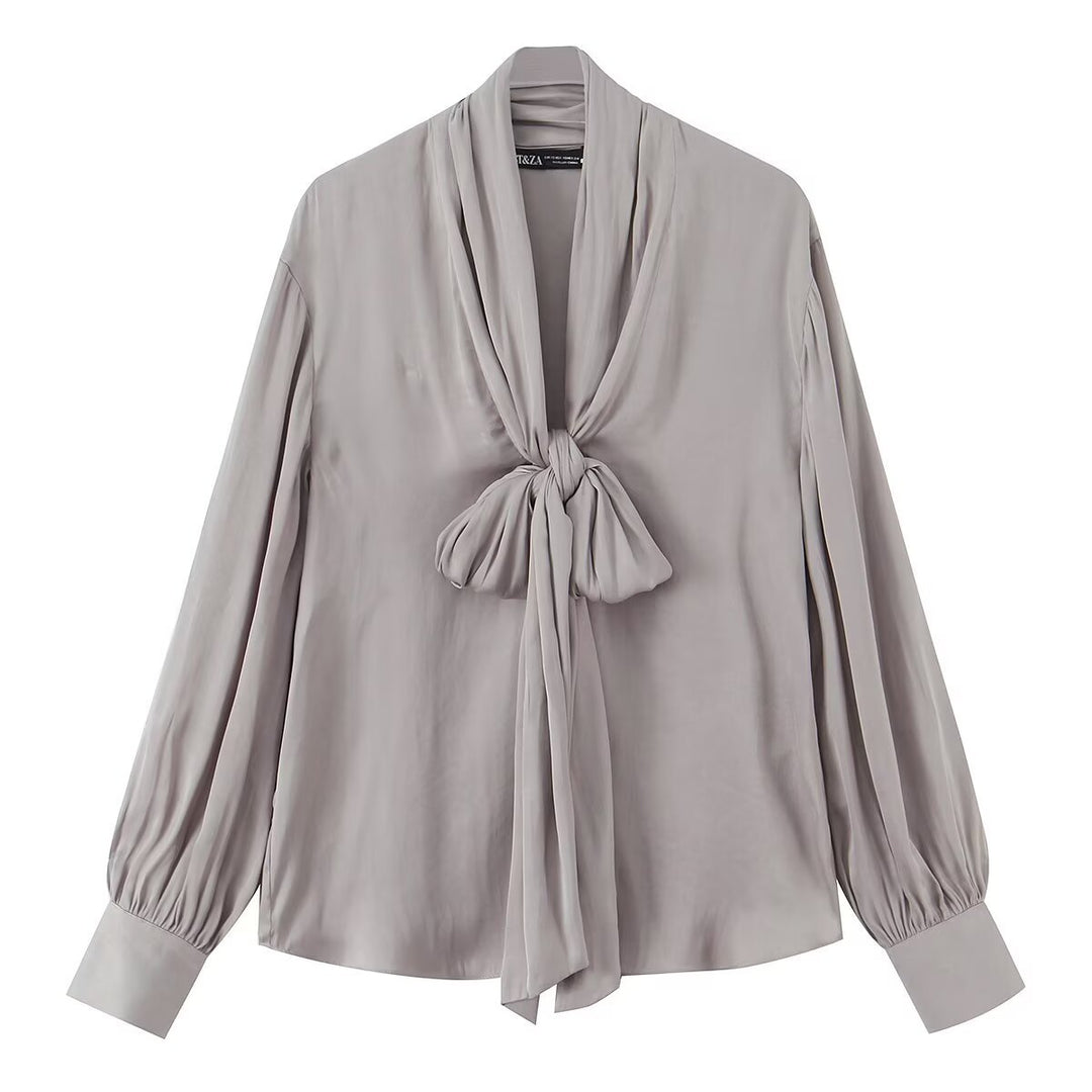 Damen Elegante Schlupfbluse mit Bindeschal, voluminösen Manschetten und kastiger Silhouette Drune