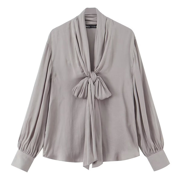 Damen Elegante Schlupfbluse mit Bindeschal, voluminösen Manschetten und kastiger Silhouette Drune