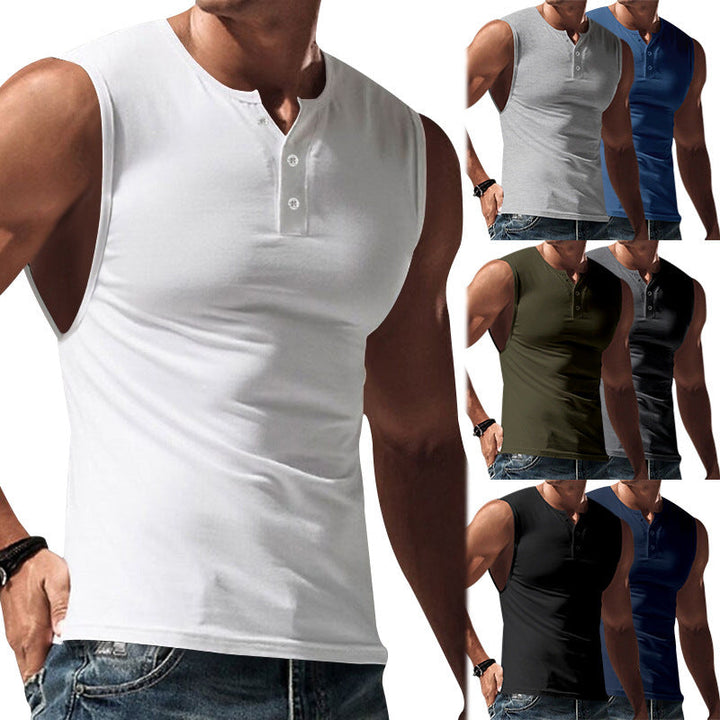 Herren nan ärmelloses Muskelshirt mit Henley-Knopfleiste, tiefem Armausschnitt und elastischem Baumwollmix Drune