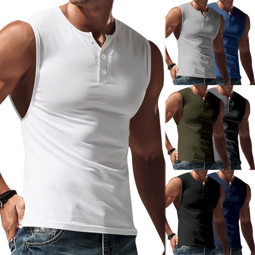 Herren nan ärmelloses Muskelshirt mit Henley-Knopfleiste, tiefem Armausschnitt und elastischem Baumwollmix Drune