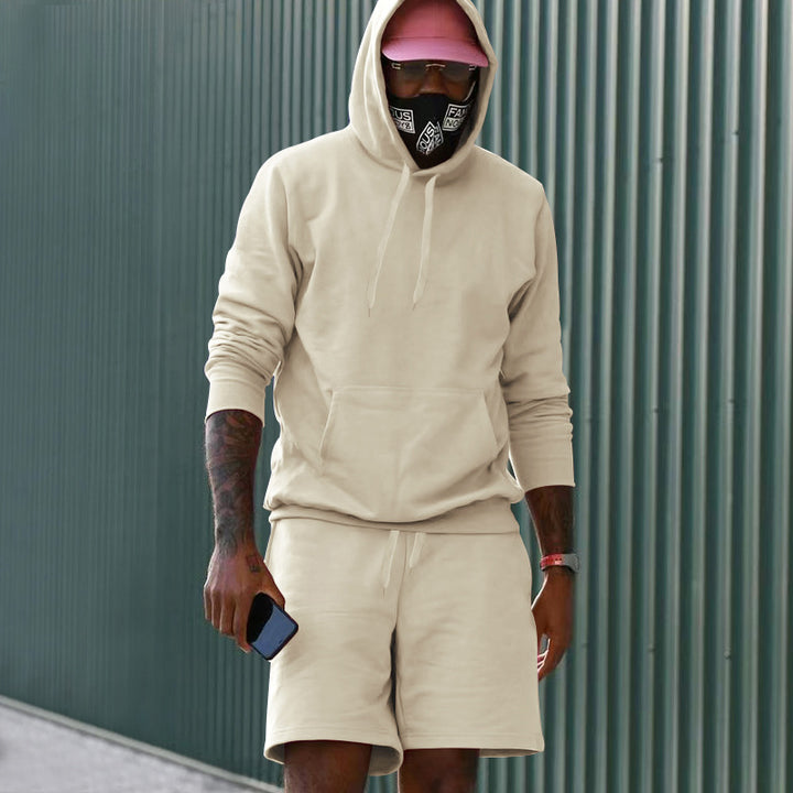 Herren nan zweiteiliges Freizeit-Set Hoodie und Sweatshorts aus French Terry mit Kängurutasche und Tunnelzug Drune