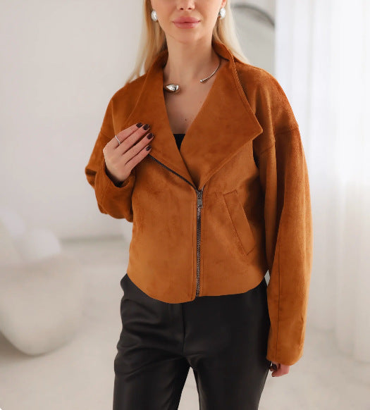 Damen Trendige Kurzjacke im lässigen Biker-Stil mit asymmetrischem Reißverschluss und tiefem Kragen Drune