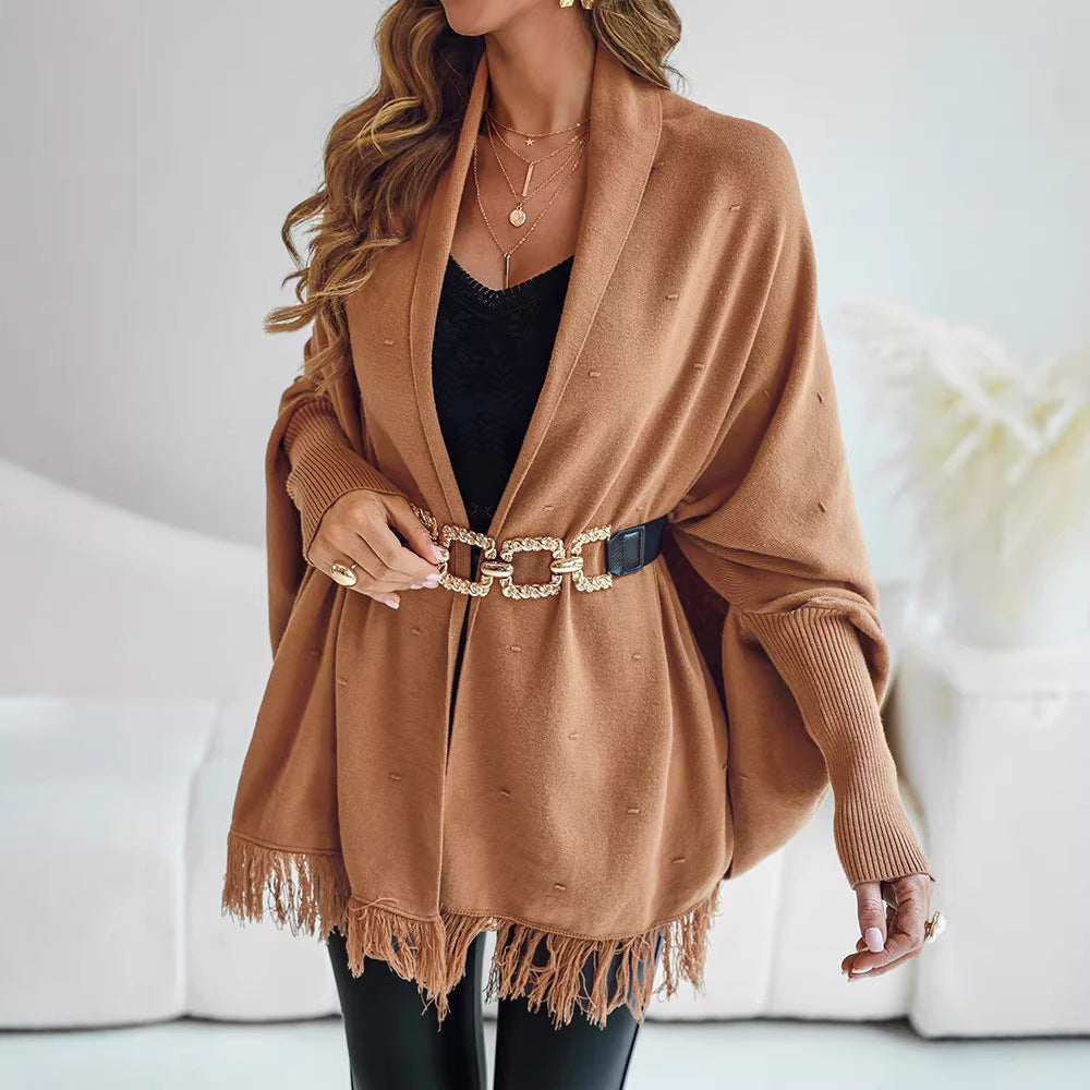 Damen Fransen‑Poncho‑Cardigan mit dekorativem Taillengürtel und Rippbündchen Drune