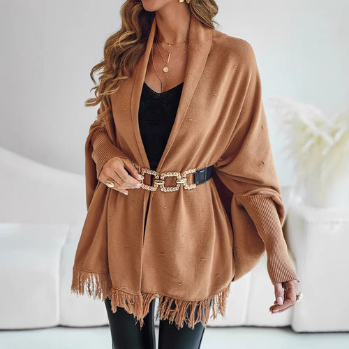 Damen Fransen‑Poncho‑Cardigan mit dekorativem Taillengürtel und Rippbündchen Drune