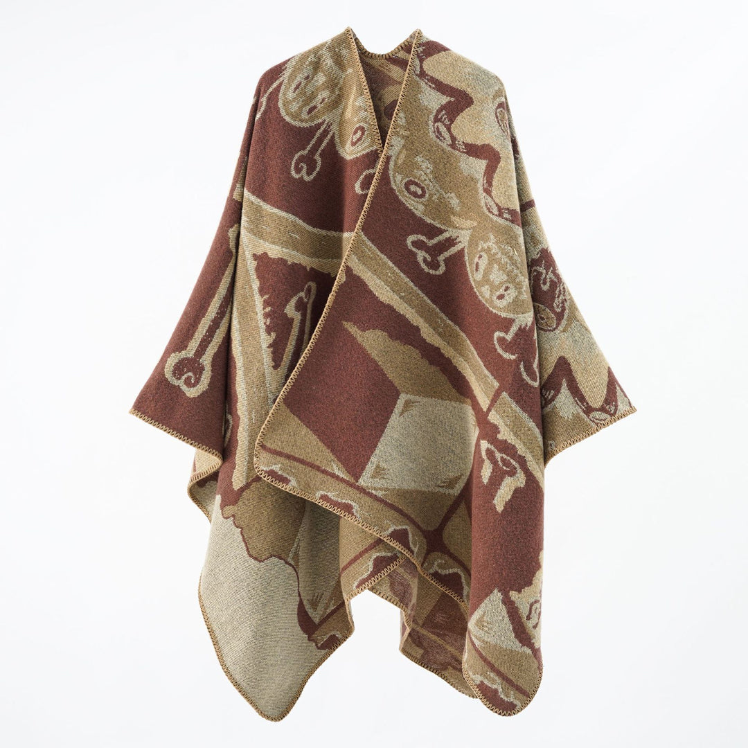 Damen Jacquard-Überwurfponcho mit musikalischem Ornament und Rollkante Drune