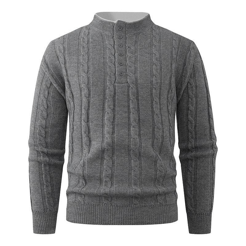 Herren Strukturierter Zopfstrick-Pullover mit Knopfleiste und Stehkragen Drune