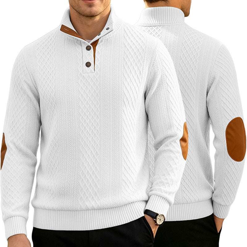 Herren Kabelstrick Troyer Pullover mit Stehkragen und Lederoptik-Ellbogen-Patches Drune