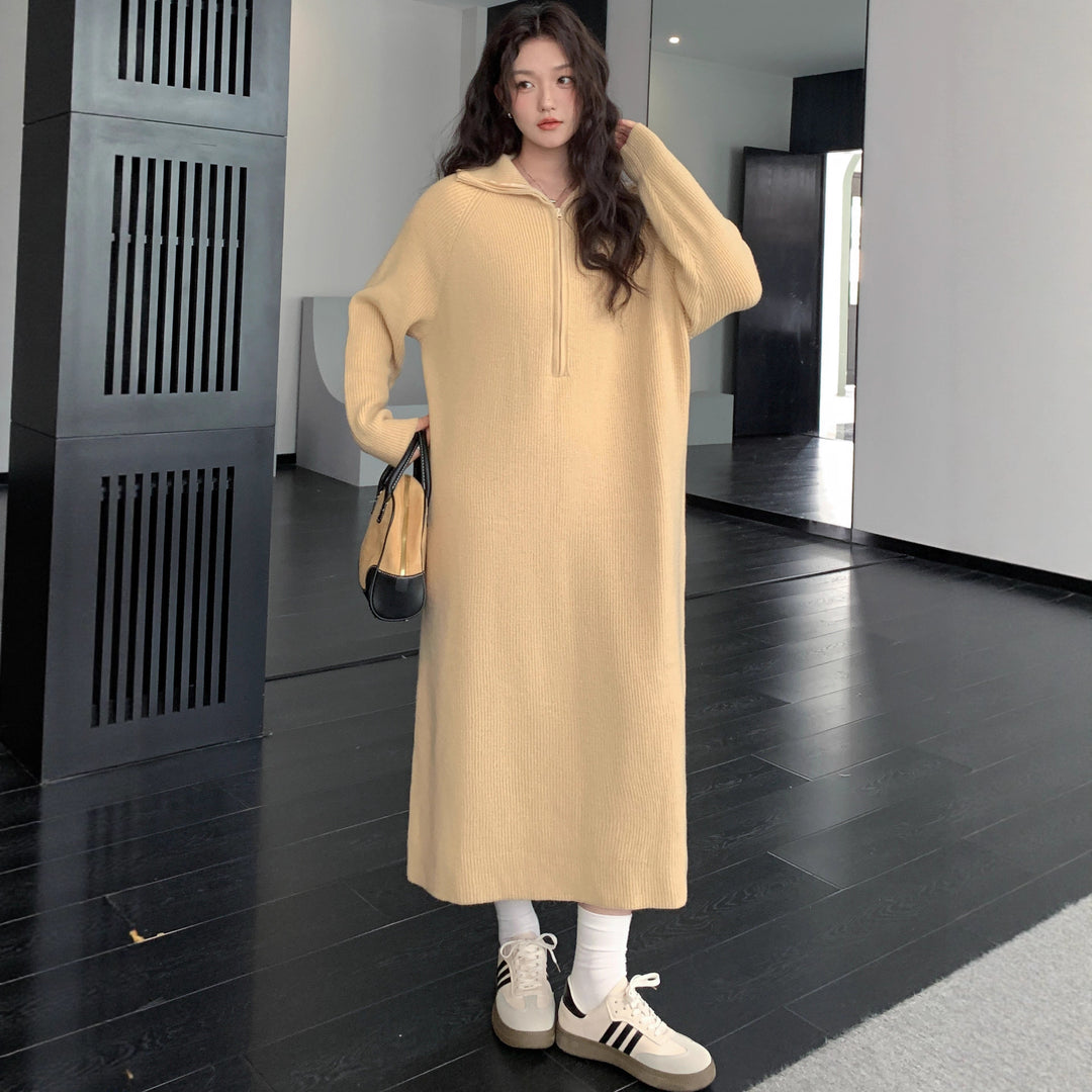 Damen Geripptes Kapuzen-Strickmaxikleid mit halbem Reißverschluss und weitem Fall Drune