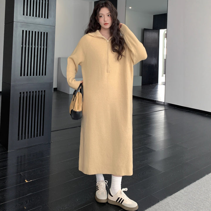 Damen Geripptes Kapuzen-Strickmaxikleid mit halbem Reißverschluss und weitem Fall Drune