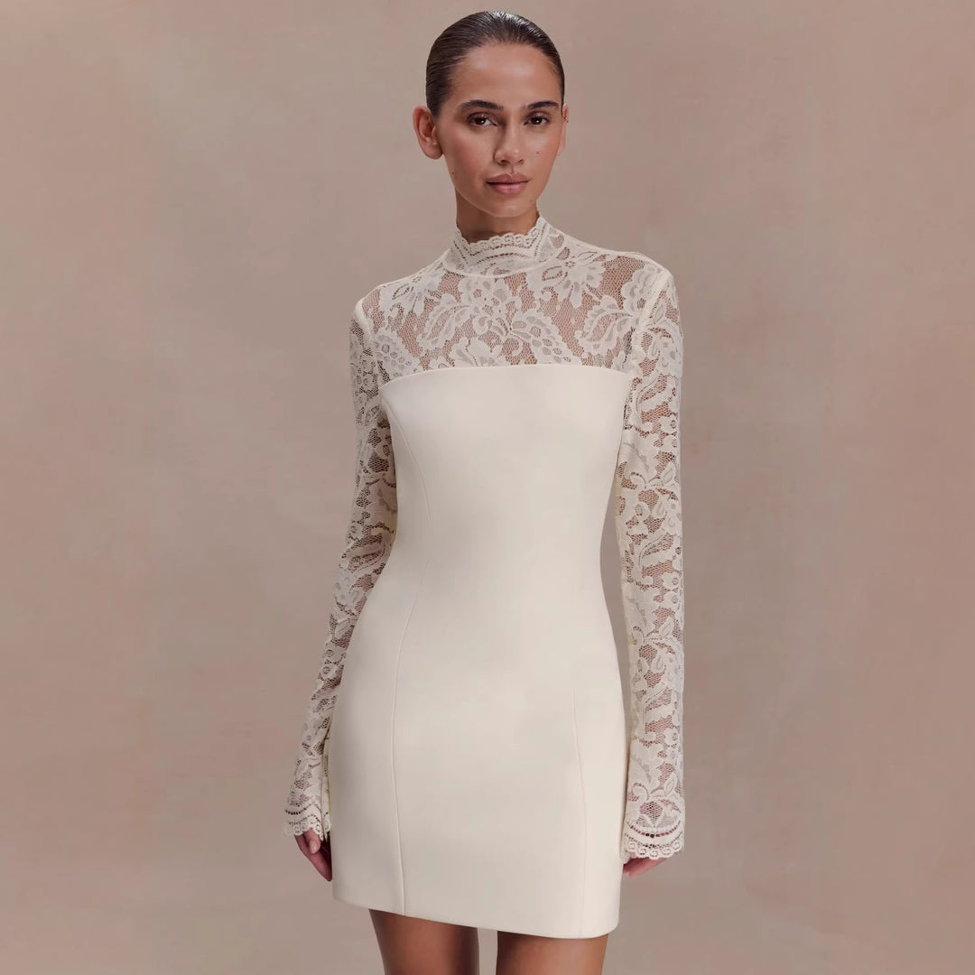 Damen Elegantes Minikleid mit Spitzenoberteil und hochgeschlossenem Kragen Drune