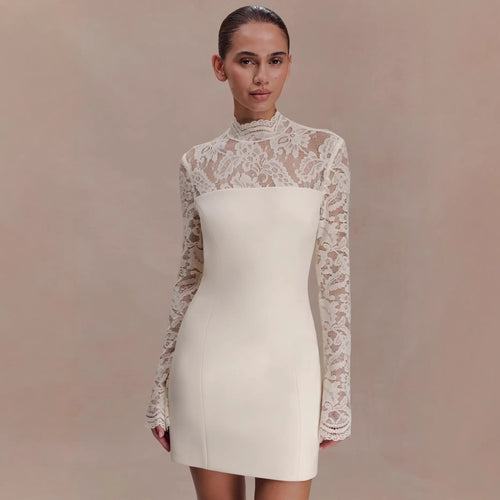Damen Elegantes Minikleid mit Spitzenoberteil und hochgeschlossenem Kragen Drune