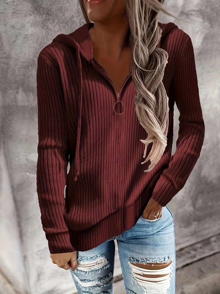 Damen Lässiger Rippstrick-Hoodie mit halbhohem Reißverschluss und Ringzipper Drune