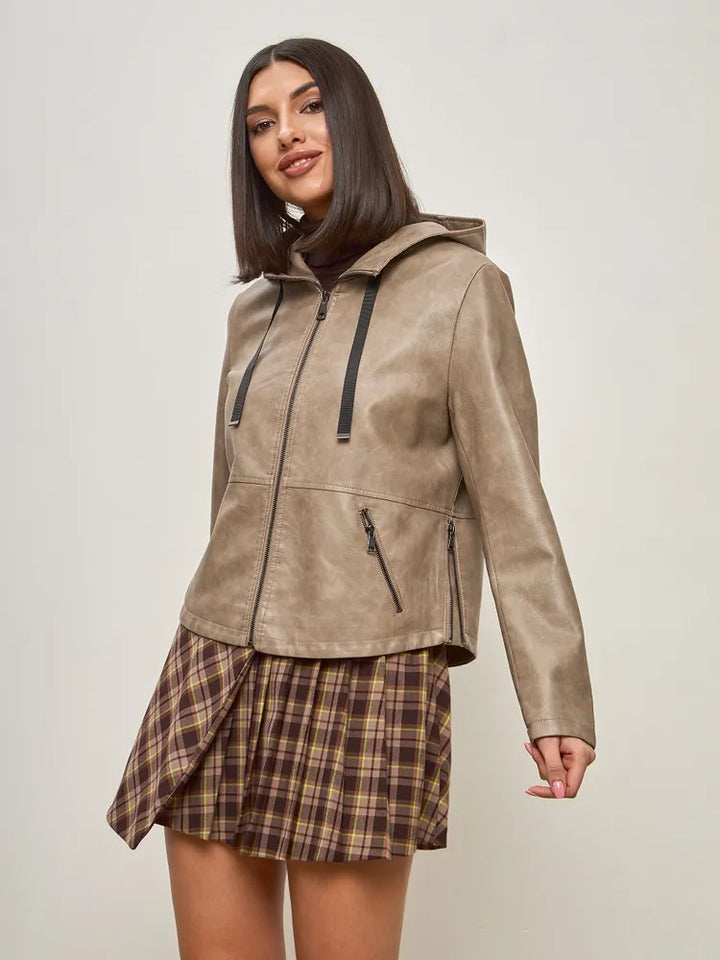 Damen modische Kunstlederjacke mit Kapuze und Reißverschlusstaschen Drune