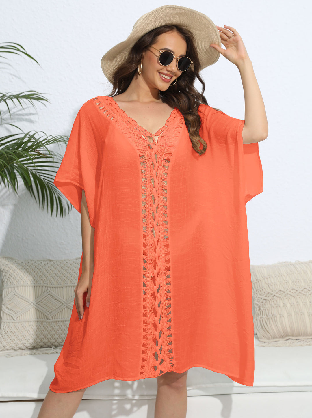 Damen luftiger Kaftan mit filigranem Häkelmuster Drune