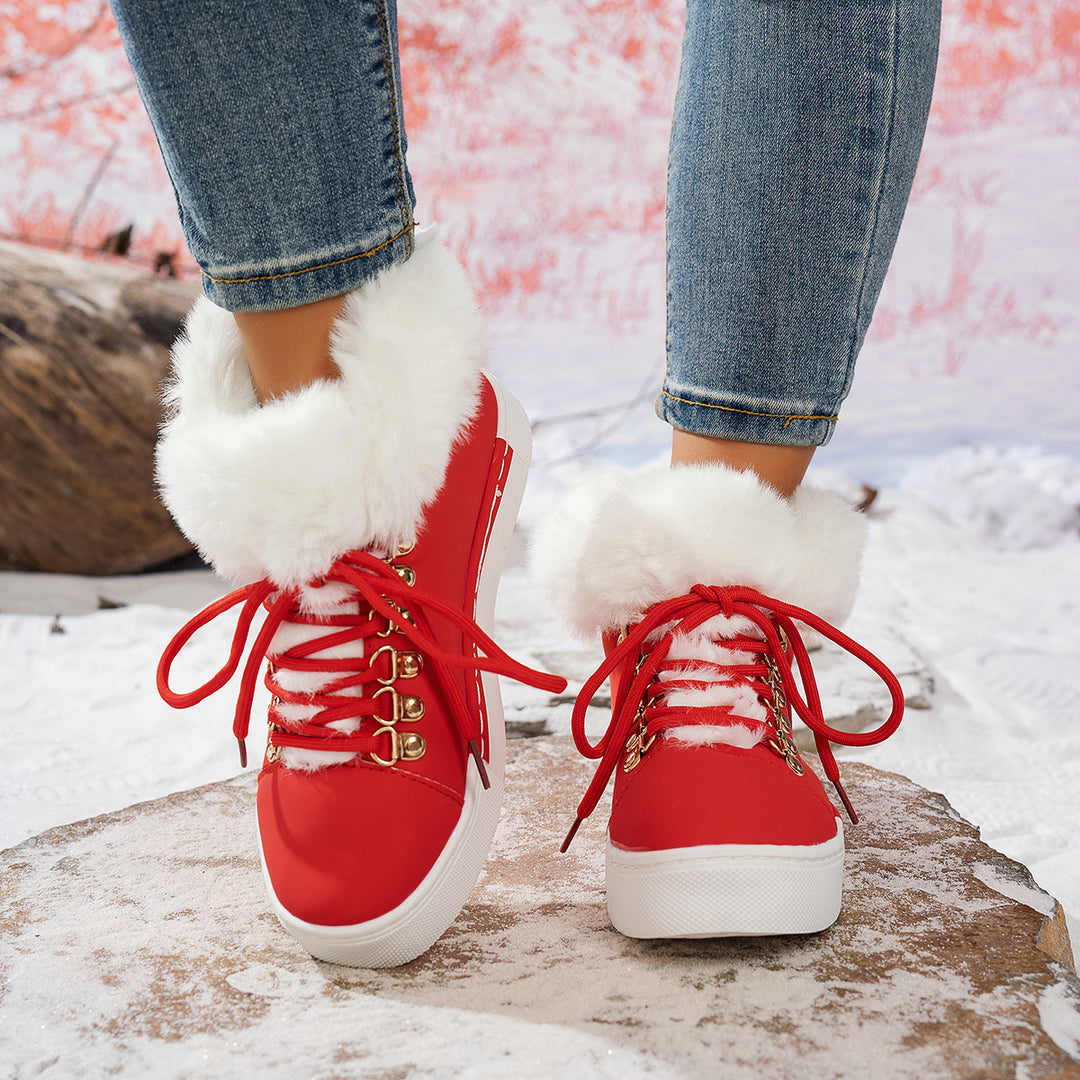 Damen Winterliche Sneaker-Stiefelette mit Kunstfellkragen und Plateau Drune
