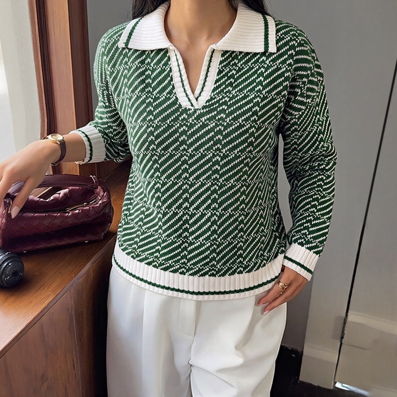 Damen Eleganter Pullover mit Polokragen und Zickzackmuster Drune