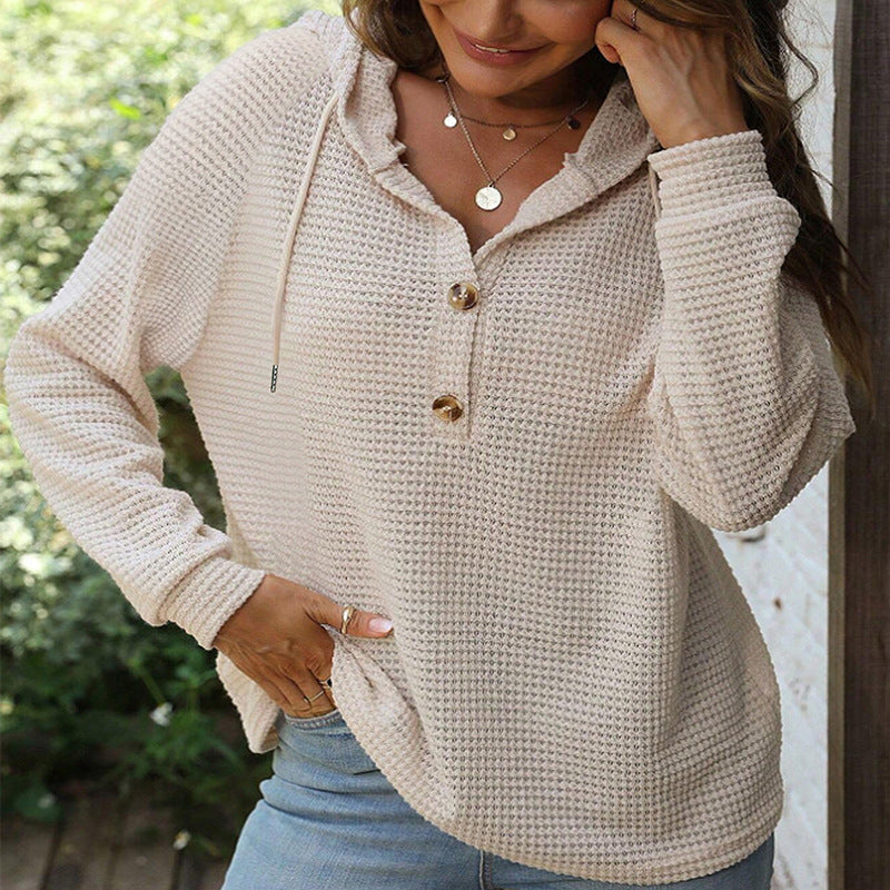 Damen Waffelstrick Kapuzenpullover mit Knopfleiste und Rüschenkragen Drune