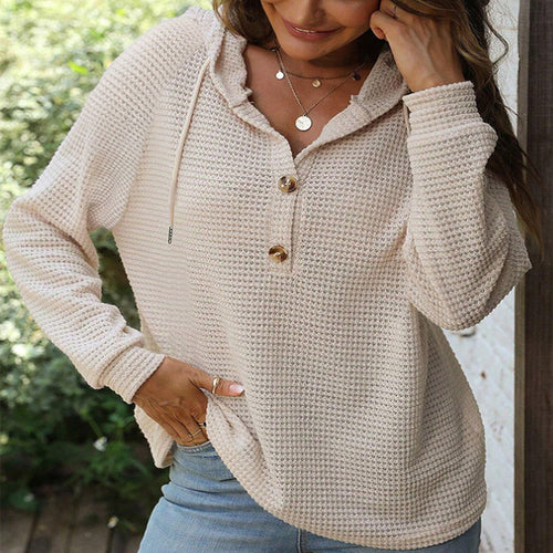 Damen Waffelstrick Kapuzenpullover mit Knopfleiste und Rüschenkragen Drune