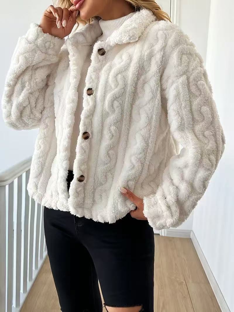 Damen Plüschjacke mit Knopfverschluss und gestreiftem Strukturdesign Drune
