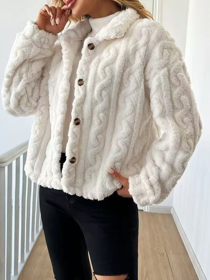 Damen Plüschjacke mit Knopfverschluss und gestreiftem Strukturdesign Drune