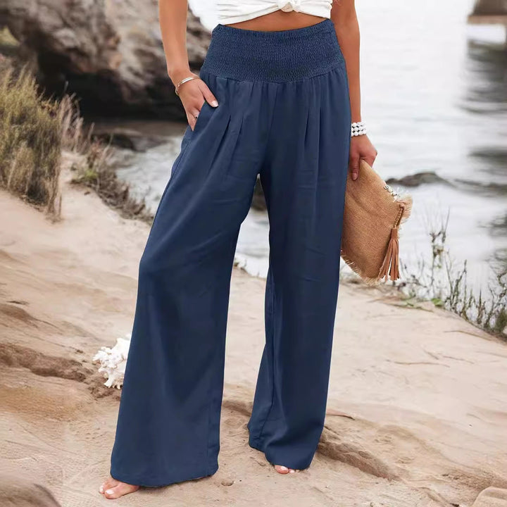Damen Weite Leinenhose mit elastischem Bund und Falten Drune