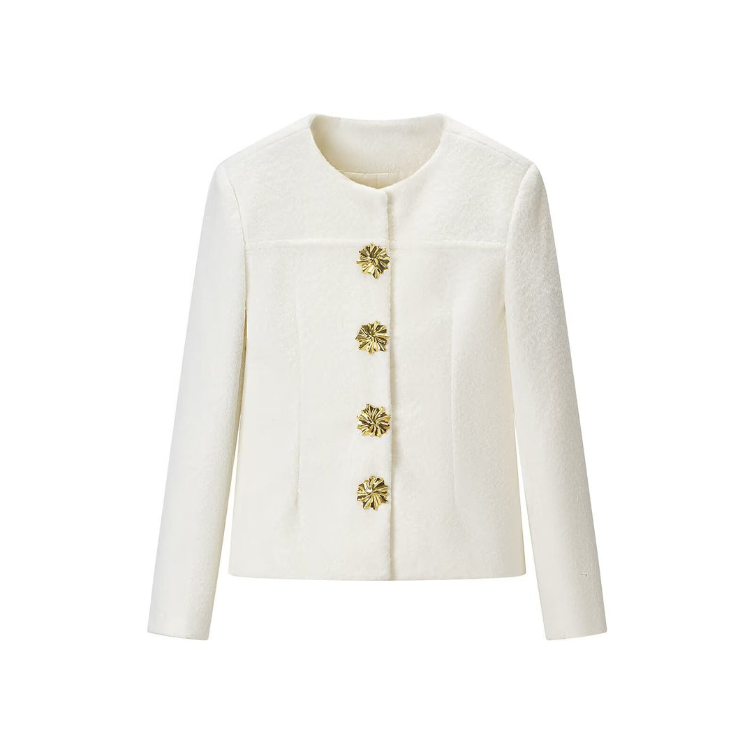 Damen Taillierte Bouclé-Kurzjacke mit rundem Ausschnitt und goldenen Schmuckknöpfen Drune