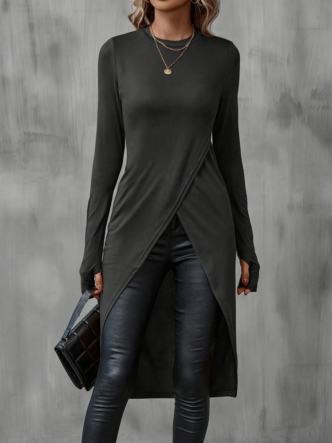 Damen Langes asymmetrisches Wickel-Tunika-Top mit Frontschlitz Drune
