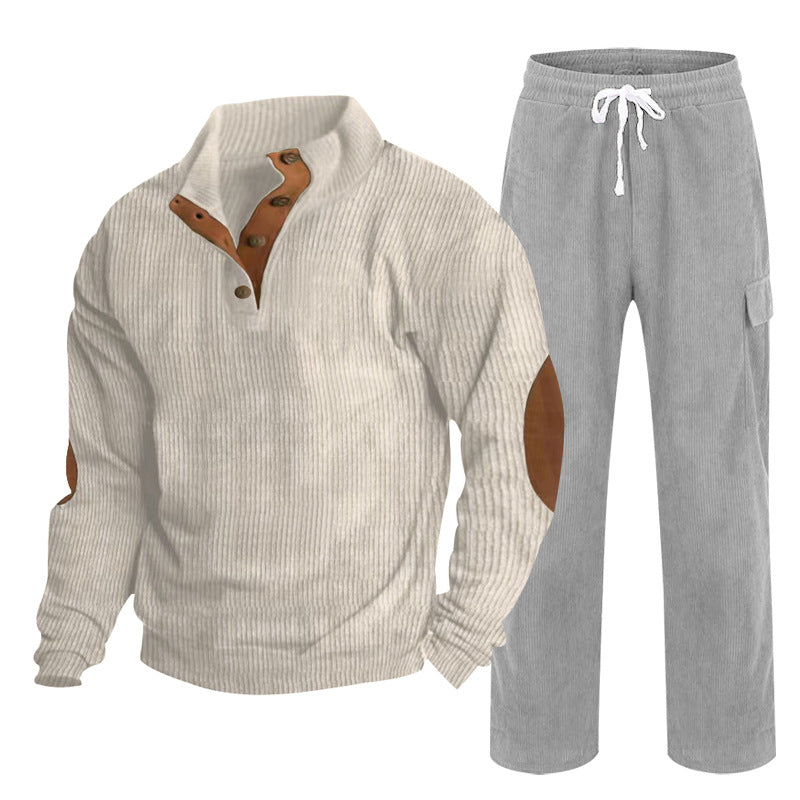 Herren Gemütliches Freizeit-Set aus Waffelstrick-Henley mit Ellenbogenpatch und Relax-Cargo-Hose Drune