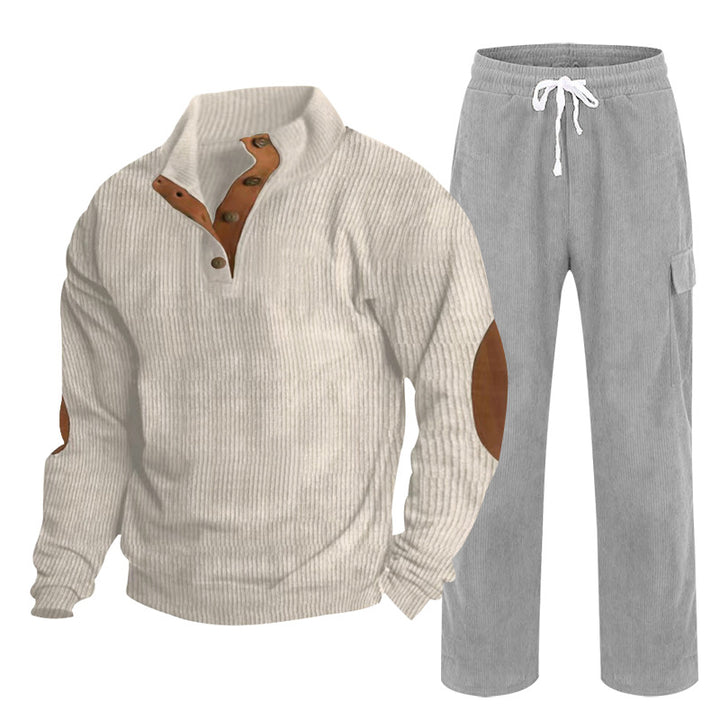 Herren Gemütliches Freizeit-Set aus Waffelstrick-Henley mit Ellenbogenpatch und Relax-Cargo-Hose Drune