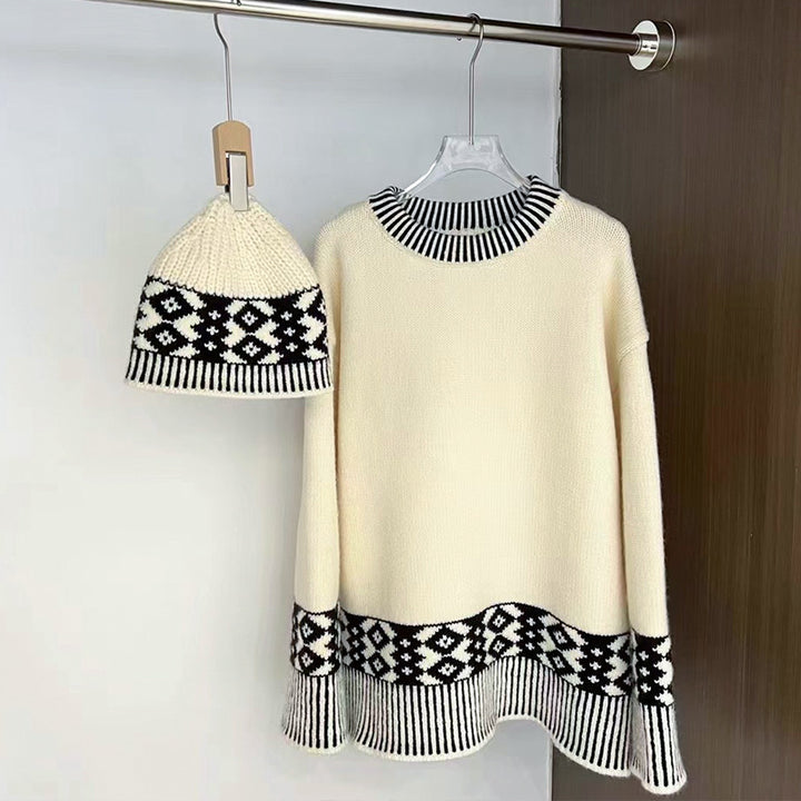 Damen modischer Strickpullover mit geometrischem Muster und Rundkragen Drune