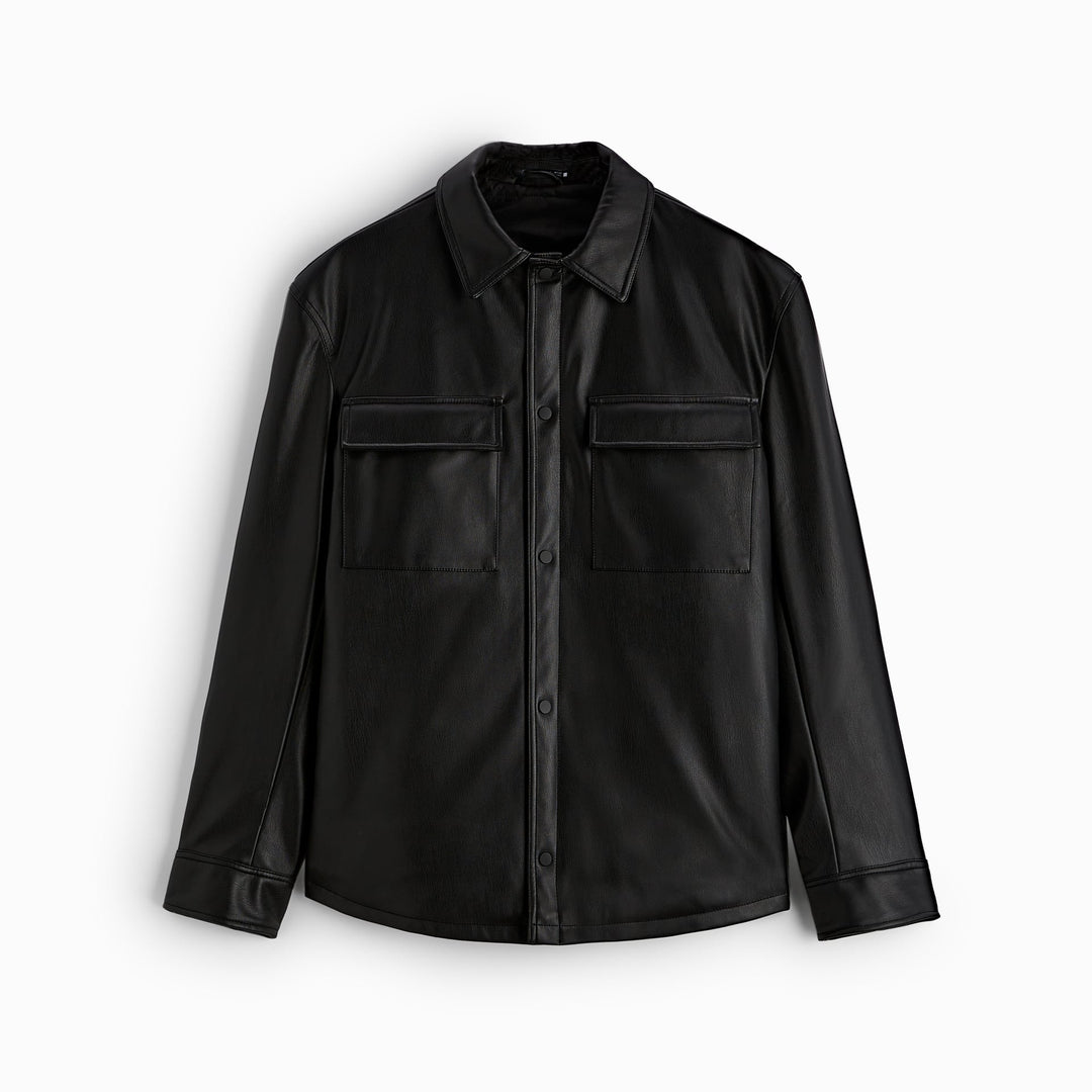 Herren Veganes Glattleder-Overshirt im Hemdjackenstil mit verdeckter Druckknopfleiste Drune